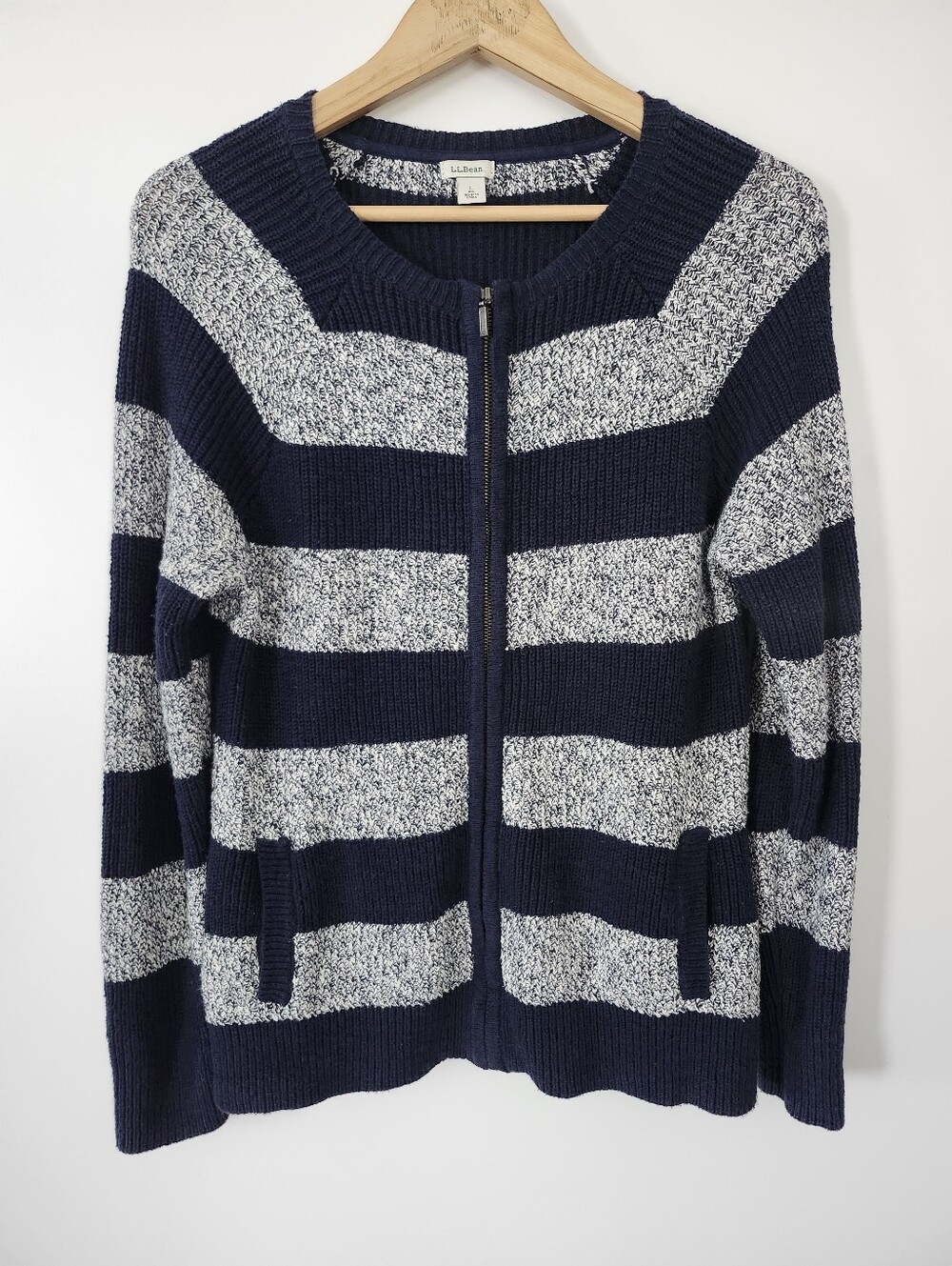 L.L. BEAN Cotton Ragg Full Zip Knit Sweater Cardigan Size Large Navy Stripes
